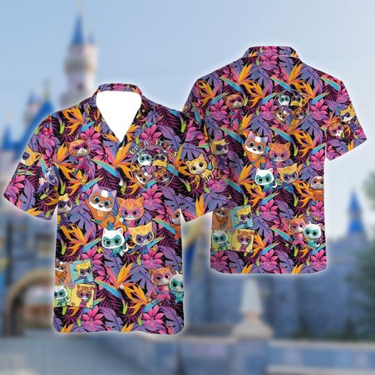 Junior Super Kitties Hawaiian Shirt, Super Kitties Hawaii Shirt, Animated Movie Character All Over Print Button Up, Summer Vibe Group Shirt