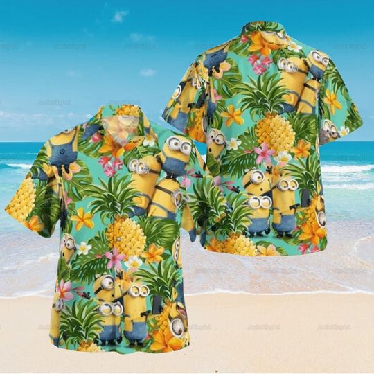 Minion Hawaiian Shirt, Minion Tropical Vibes 3D Hawaiian Shirt, Print Tropical Summer Beach Shirt, Vacation Shirt, Cartoon Hawaiian Shi