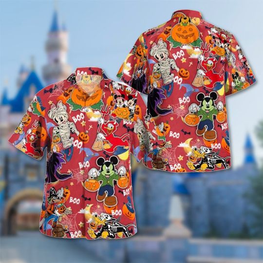 Mickey And Friends Halloween Hawaiian Shirt, Mickey Donald Character Hawaii Shirt, Summer All Over Print Button Up, Halloween Cartoon Shirt