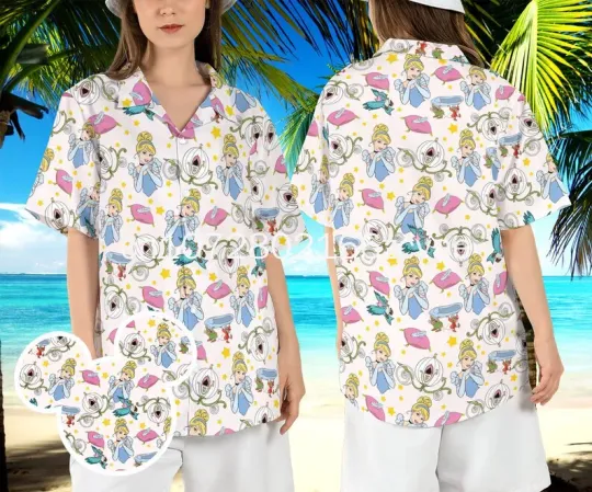 New Disney Cinde Princess Hawaiian Shirt, Men's Women's Kids Short Sleeve Shirts, Disney Princess Hawaiian Shirts Beach Shirt