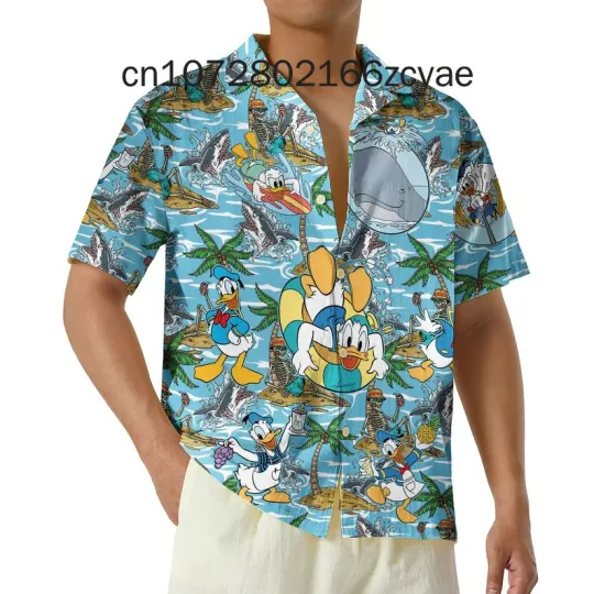 2024 New Donald Duck Tropical Hawaiian Shirt, Men's And Women's Button Mickey Hawaiian Shirt, Casual Fashion Street Y2K Shirt