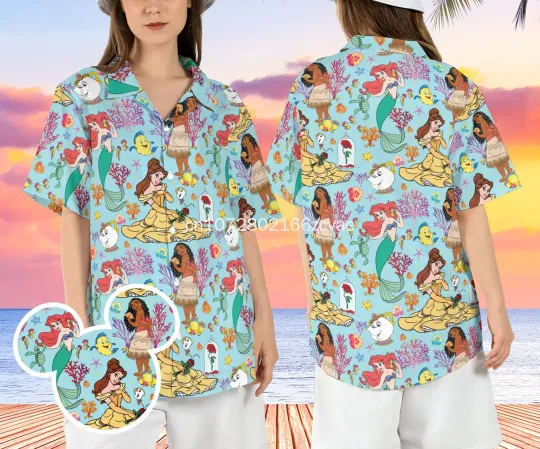 New Disney Princess Hawaiian Shirt, Men's Women's Kids Short Sleeve Shirts, Disney Hawaiian Shirts Beach Shirts