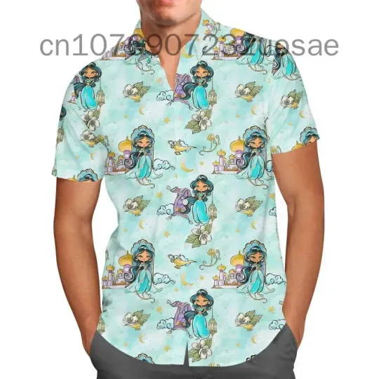 2024 New Summer Aladdin And Jasmine Princess Hawaiian Shirt, Men's Women's kids Short Sleeve Shirts, Disney Hawaiian Shirts