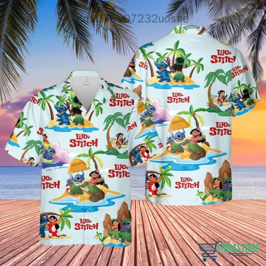 2024 New Stitch And Lilo Hawaiian Shirt, Men's Women's Short Sleeve Beach Shirt, Disney Cartoon Cute Casual Button Hawaiian Shirt