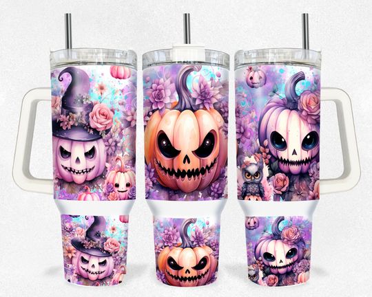 Pumpkin Horror Quencher Tumbler, Halloween Tumbler 40oz, Scary Pumpkin Halloween Tumbler Wrap 40oz, Stainless Steel Double Wall Tumbler with New Style Handle, Back To School Gift