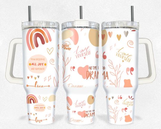Self Love Boho Floral 40oz Quencher Tumbler, Self Love Tumbler Design, Stainless Steel Double Wall Tumbler with New Style Handle, Back To School Gift