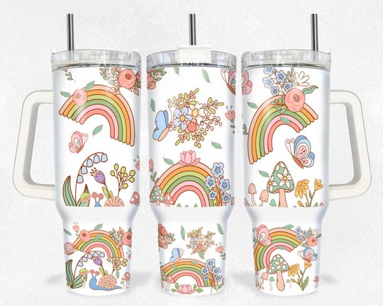 Boho Floral 40oz Quencher Tumbler, Tumbler Design Sublimation, Stainless Steel Double Wall Tumbler with New Style Handle, Back To School Gift