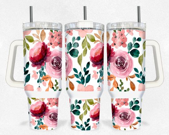 Boho Floral 40oz Quencher Tumbler, Tumbler Design Sublimation, Stainless Steel Double Wall Tumbler with New Style Handle, Back To School Gift