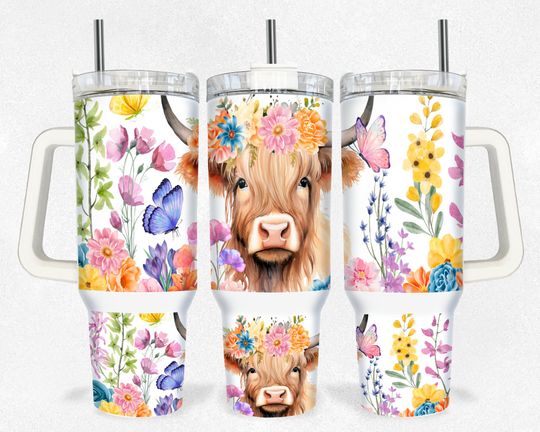 Highland Cow 40 oz Tumbler, Spring flower 40 oz Tumbler, Spring Cartoon 40oz Tumbler, Stainless Steel Double Wall Tumbler with New Style Handle, Back To School Gift