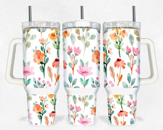 Boho Floral 40oz Quencher Tumbler, Stainless Steel Double Wall Tumbler with New Style Handle, Back To School Gift