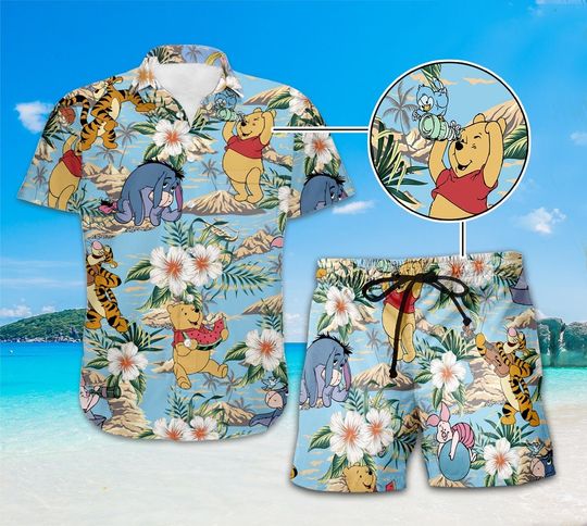 Pooh Hawaiian Shirt, Pooh Bear Shirt, Summer Hawaiian Shirt, Summer Beach Shirts, Disneyland Trip Shirts, Disneyworld Family Vacation 2024