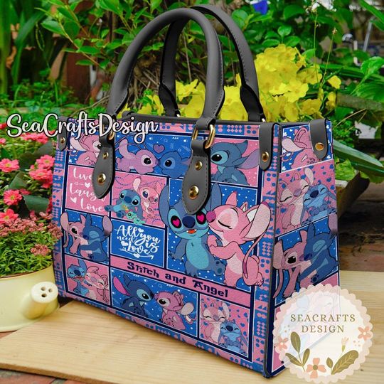 Disney Lilo and Stitch Vintage Leather Handbag, Cute Stitch Angel Leather Top Handle Bag, Shoulder Bag, Crossbody Bag, Shopping Bag