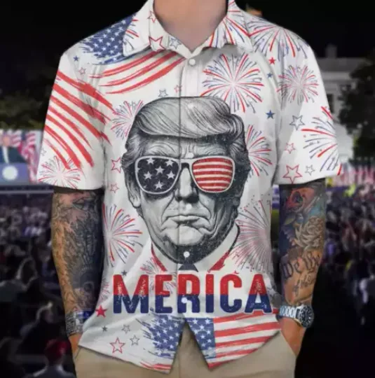 Happy Independence Day American Pro Trump Hawaiian Shirt, 4Th Of July Trump Shirt, US Election Hawaiian, Aloha Button Up Shirt, Summer Short Sleeve Shirt, Hawaiian For Men, Women and Kids