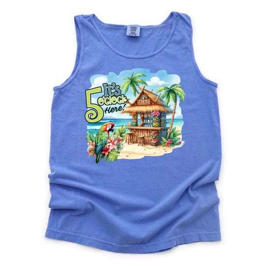 Summer Tank Top, It's 5 O'clock Here, Tiki Hut, Parrot Shirt, Margarita, Comfort Colors Unisex Tank Top, Plus Size Available