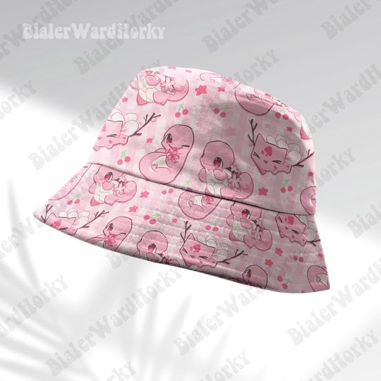 Gen 1 Starter Sakura Bucket Hat, Aloha Flower Bucket, Charmander, Bulbasaur, Squirtle Sakura, Anime Bucket Gifts