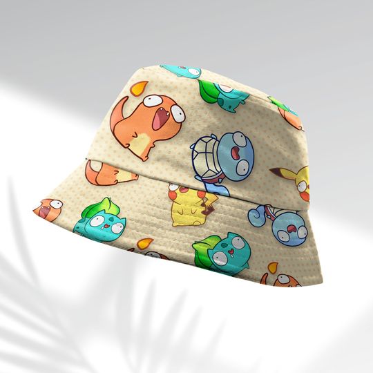 Starter Emotion Bucket Hat, Cute Hat, Summer Beach Bucket, Charmander, Pika, Bulbasaur, Squirtle, Gen 1 Gifts