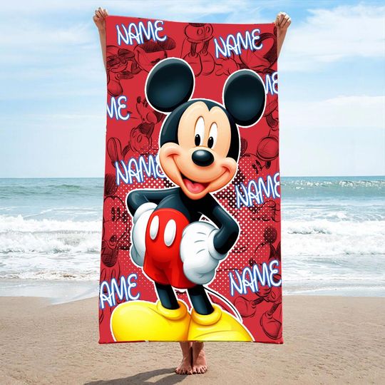 Personalized Cute Red Mouse Towel, Custom Name Animated Mouse Character Beach Towel