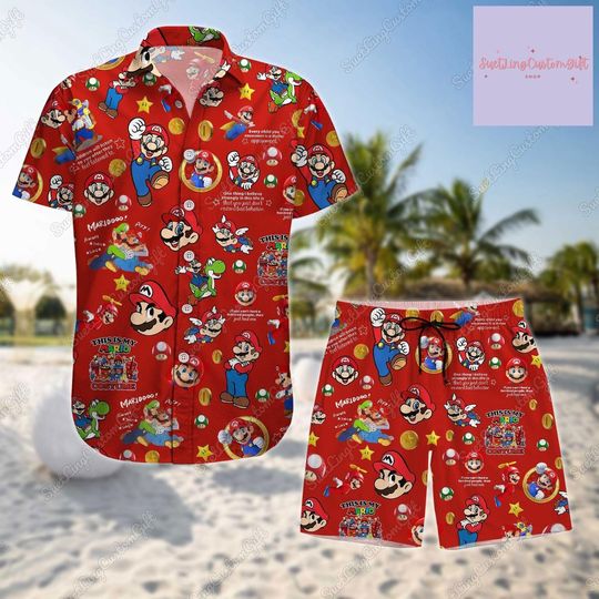 Super Mario Button Shirt And Shorts, Super Mario Collared button down short sleeve art hawaiian shirt, Aloha Vacation Shirt