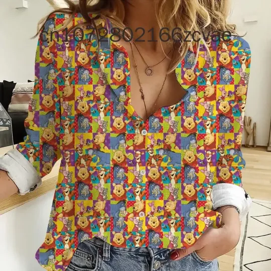 Summer New Disney Women's Blouses Shirts, Winnie The Pooh Y2K Shirts, Fashion Long Sleeve Shirts, Disney Shirts Women