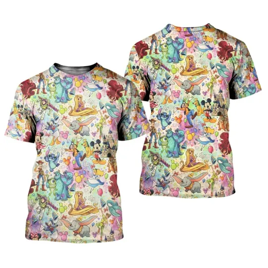 2024 Disney Men and Women T-shirt, Colorful World Magical Patterns Graphic Cartoon Outfits Unisex All Over Print T-shirts