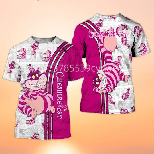2024 New Pink Chesire Cat Cross Comic Book Patterns Disney Cartoon 3D Men and Women T-Shirt Kids T-shirt
