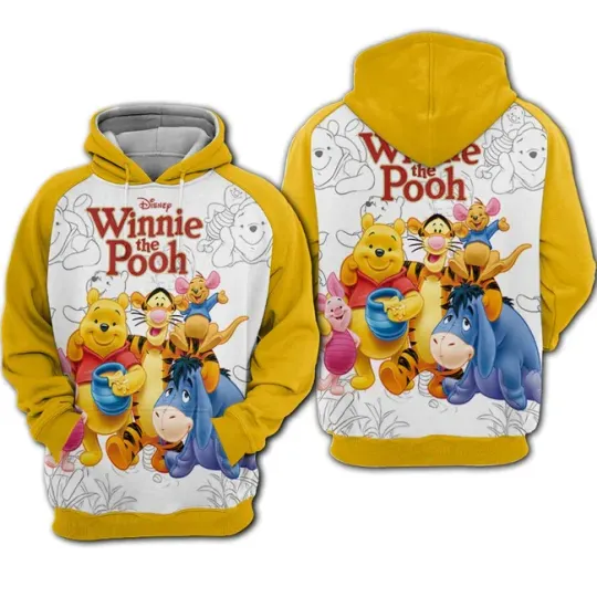 2024 Disney Unifinz DN Hoodie Winnie The Pooh 3D Men and Women Hoodie, Pooh And Friends Yellow White Hoodie