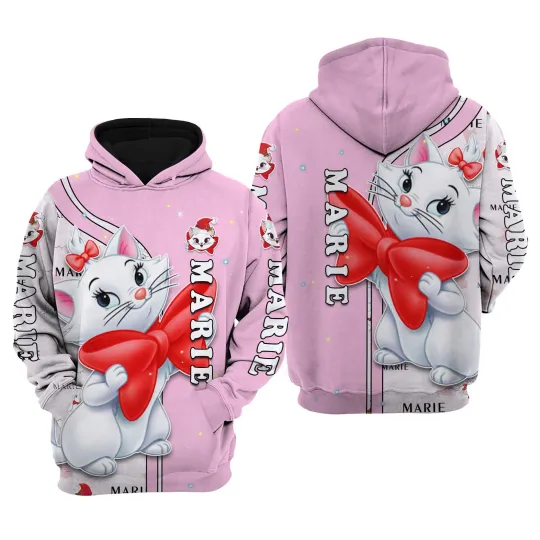 2024 Disney Pink Mary Cat Hoodie Disney, 3D Hoodie Y2K Fashion Hoodie Women's Kids Tops Casual Hoodie