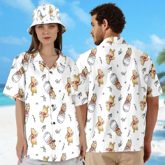 Pooh With Honey Hawaii Shirt, Winnie The Pooh Button Up Shirt, Pooh Hawaiian Shirt, Funny Shirt Gift, Cartoon 3D All Over Print Shirt