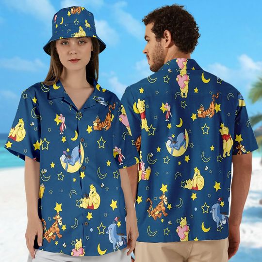 Pooh With Moon Hawaii Shirt, Pooh And Friends Button Up Shirt, Winnie The Pooh Hawaiian Shirt Gift, Cartoon 3D All Over Print Shirt