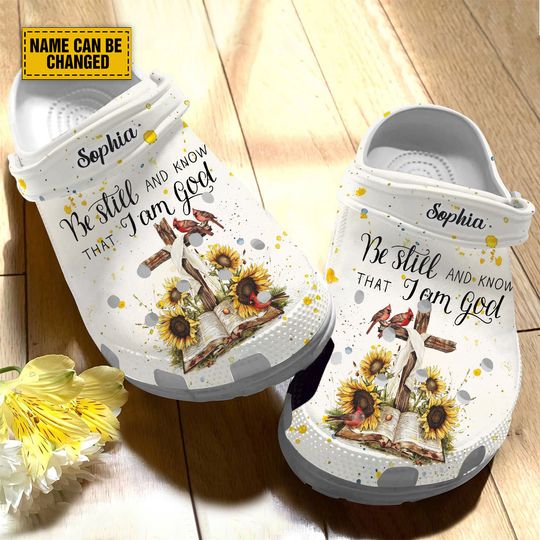 Teesdily Customized Jesus Cross Bible Book Clogs Shoe, Be Still And Know I Am God Backstrap Clog, Sunflower Cardinal Christian Faith Gifts
