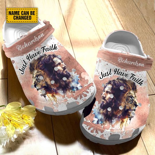 Teesdily Personalized Jesus Lion Of Judah Backstrap Clogs, Just Have Faith In God Basic Clogs Shoe, Faith Religious Gifts, Jesus Lover Gifts