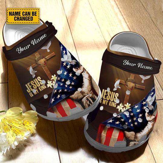 Teesdily Customized American Flag Jesus Cross Clogs, Jesus Is My King Classic Clogs, American Flag Christian Clogs Shoes, Jesus Lovers Gifts