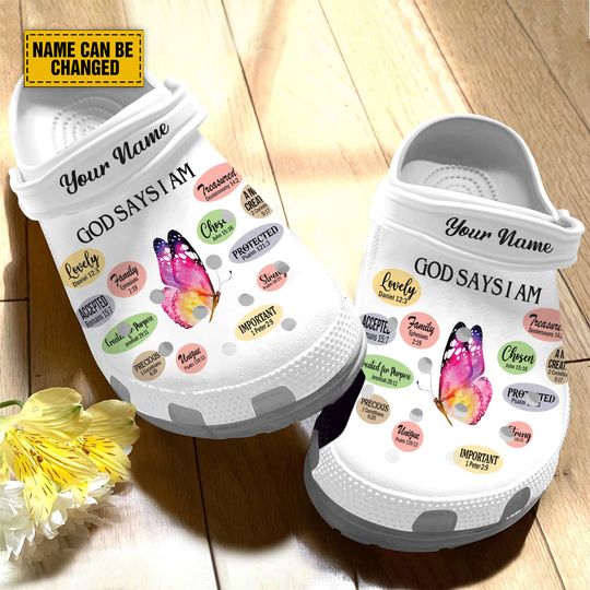 Teesdily Customized Jesus Christ Butterfly Clogs, God Says I Am Strong Lovely Precious Classic Clog, Bible Verse Jesus Butterfly Lover Gifts