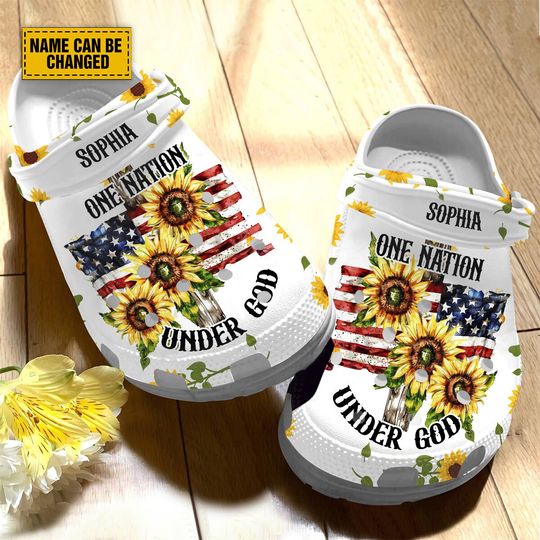Teesdily Custom Jesus Cross Sunflower American Flag Clogs Shoe, One Nation Under God Clogs, Christian Art Unisex Clog, Independence Day Gift