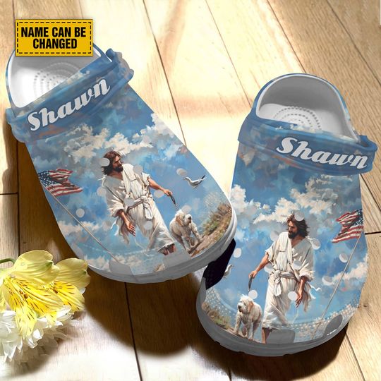 Teesdily Personalized Jesus And Terrier Dog Classical Clogs, God American Flag Backstrap Clogs, Happy Independence Day Gift, Dog Lovers Gift