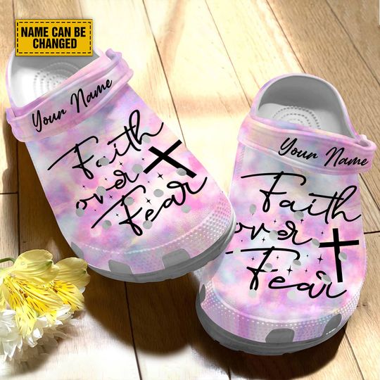 Teesdily Customized Faith Over Fear Classic Clogs, Jesus Cross Backstrap Clogs, Jesus Tie Dye Believers Gift, Hippie Gifts For Kid Birthday
