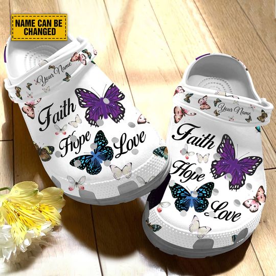 Teesdily Customized Faith Hope Love Butterfly And Cross Clog Shoes, Jesus Butterfly Unisex Backstrap Clog, Kid Clog, Gift For Faith Believer