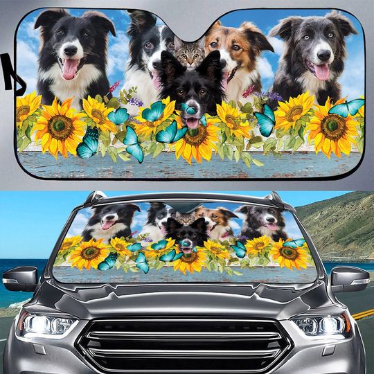Teesdily Border Collies Car Sun Shade Windshield, Sunflower Butterfly Auto Sunshade, Cat Dog Truck Sun Shade Visor, Border Collies Love Gift