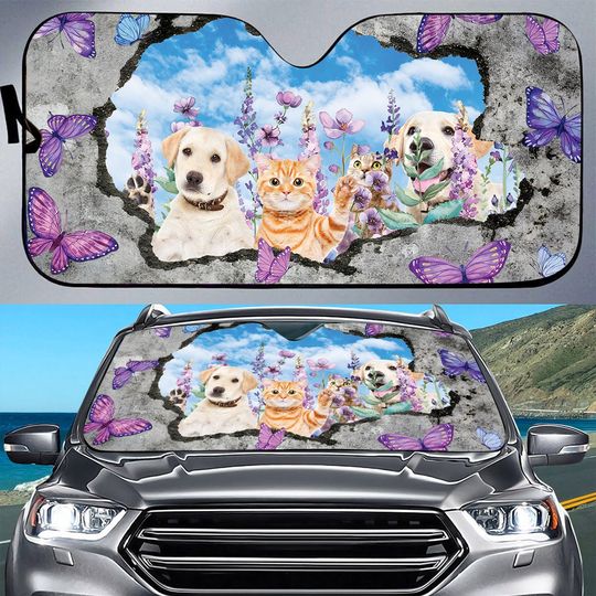 Teesdily Labrador And Cat Car Sun Shade Windshield, Butterfly Flower Auto Sunshade, Cat Dog Truck Sun Shade Visor, Puppy UV Protector Shield