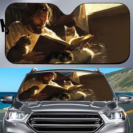 Teesdily Jesus With Cats Windshield Car Sunshade, Christian Jesus Reading Bible Book Auto Sunshade, God Cat Visor Protector, Cat Lover Gifts
