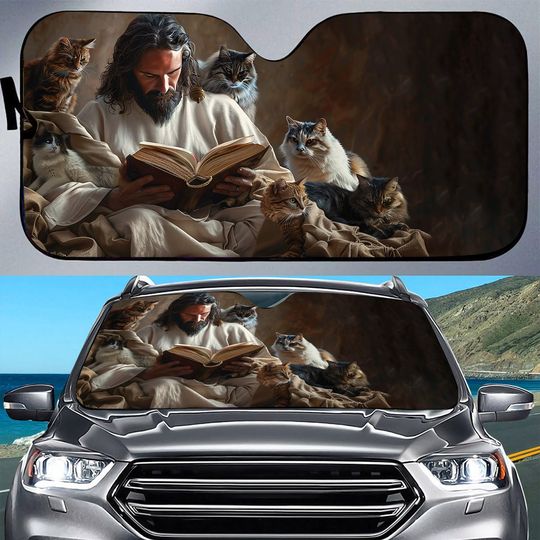 Teesdily Jesus And Cute Cats Car Sunshade, Christian Reading Bible Book Windshield Car Sunshade, God Cat Auto Sunshade, Faith Religious Gift