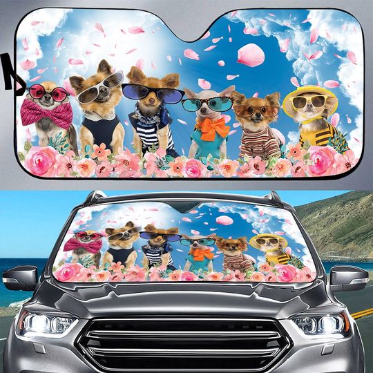 Teesdily Chihuahua Under Sky Car Sun Shade, Dog Flowers Truck Sunshade Windshield, Dog Butterfly Auto Sunshade, Car Decor, Dog Lovers Gifts