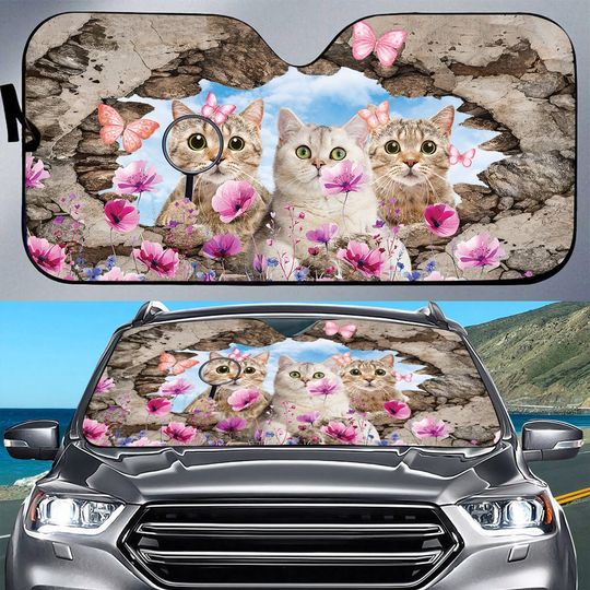 Teesdily Cats Flower Car Sun Shade Windshield, Cat Butterfly Auto Sunshade, Cat Truck Sun Shade Visor, UV Protector Shields, Cat Lover Gifts