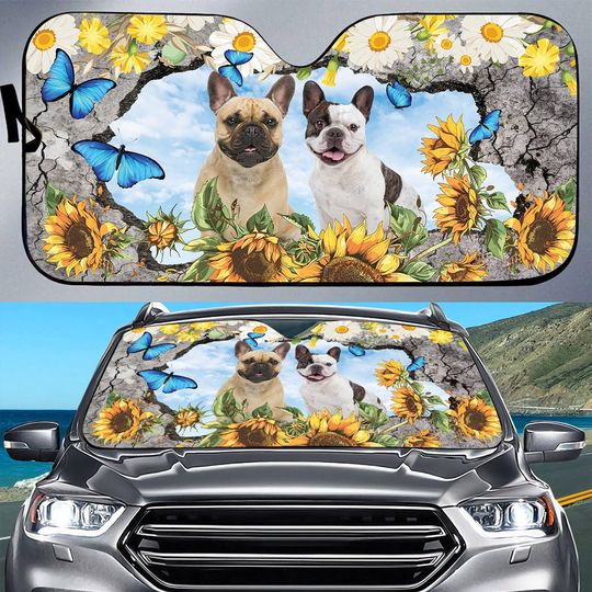 Teesdily French Bulldog Car Sun Shade Windshield, Dog Butterfly Sunflower Auto Sunshade, Puppy Truck Sun Shade Sun Visor, Bulldog Lover Gift