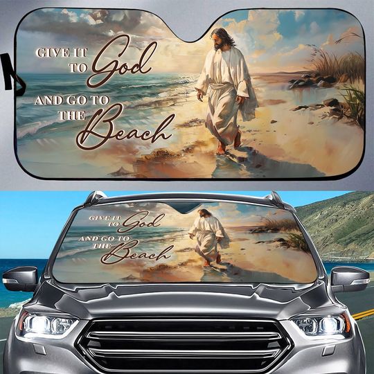 Teesdily Jesus Beach Car Windshield Sun Shade, Give It To God And Go To The Beach Car Window Sunshade, Christian Religious Folding Sun Shade