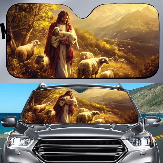 Teesdily Jesus And Lambs Car Sunshade, Lambs Of God Auto Sunshade, Jesus Car Windshield, Block UV Rays Sun Protection, Gift For Jesus Lovers