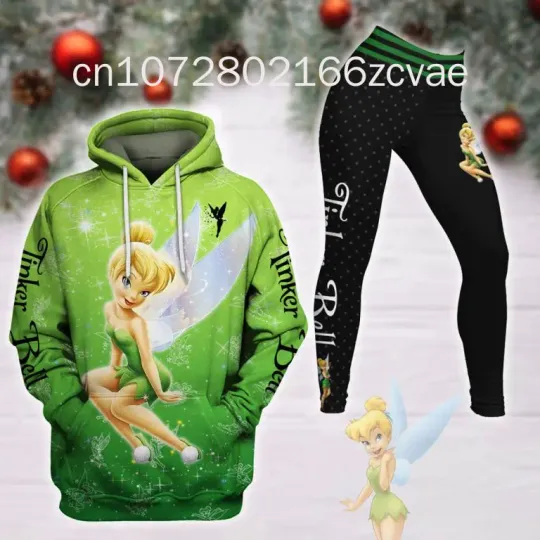 Personalized Disney Tinker Bell 3D Hoodie Yoga Pants Set, Disney Yoga Leggings Hoodie, Fashion Sports Suit For Women