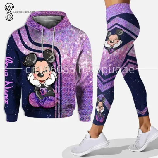 Custom Name Minnie Mouse 3D Hoodie Leggings Set, Women's Disney Mickey Yoga Pants, Sweatpants, Fashion Casual Leggings Track Suit