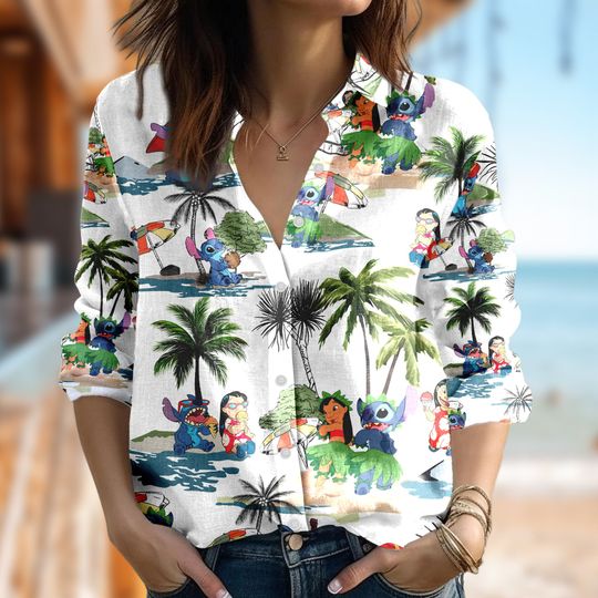 Stitch Tropical Women Casual Shirt, Stitch Linen Shirt, Ohana Mean Cartoon Button Shirt, Stitch Women Blouses Shirt, Magic Kingdom Gift