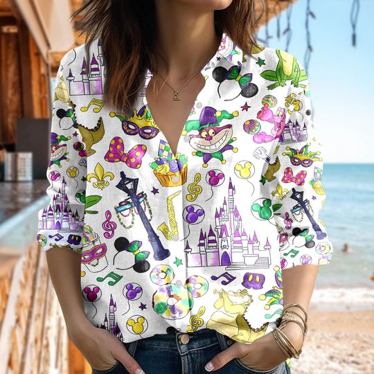 Mickey and Friends Linen Shirt, Cheshire Casual Women Shirt, Cartoon Women Blouses Shirt, Magic Kingdom Shirt, Castle Family Trip Gift